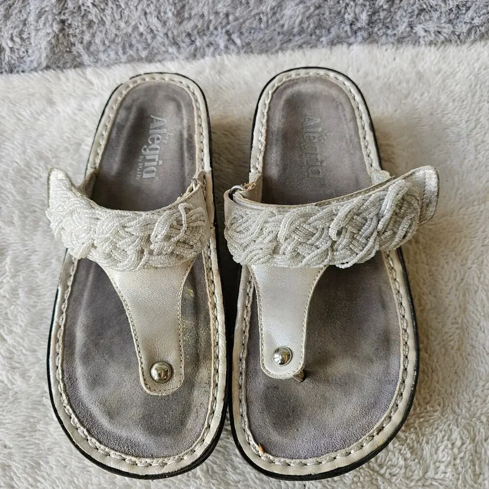 Alegria Women's Leather Beaded Carina Shimmer Rope Sandals Size 6.5 Silver White